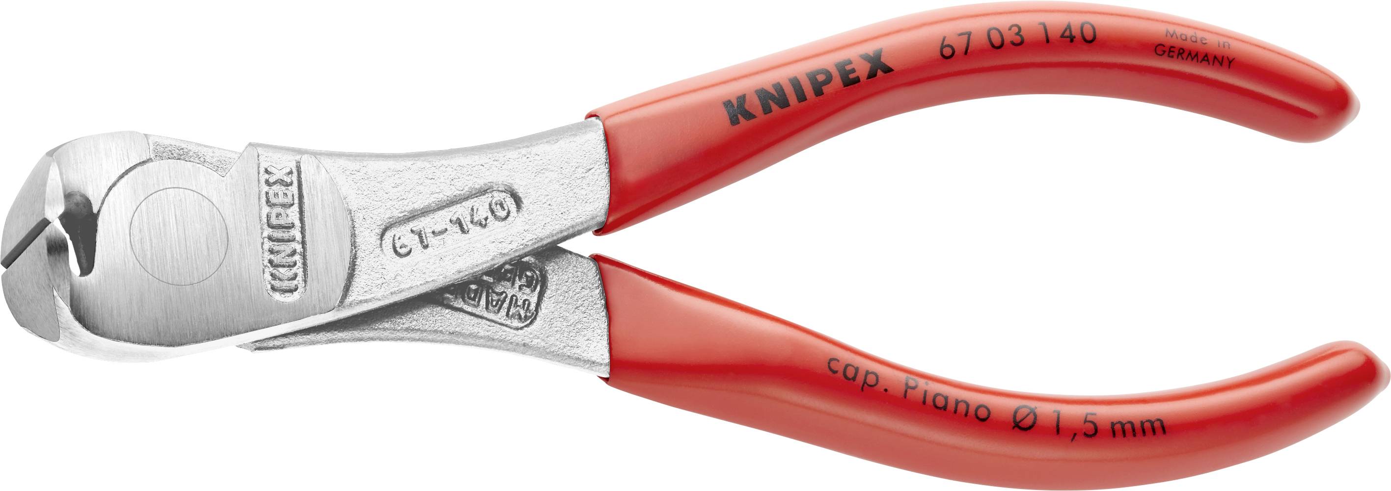 Červené štípací kleště Knipex na klavírní struny s kalený ostřím, vhodné pro řezání klavírních drátů do průměru 1,5 mm.