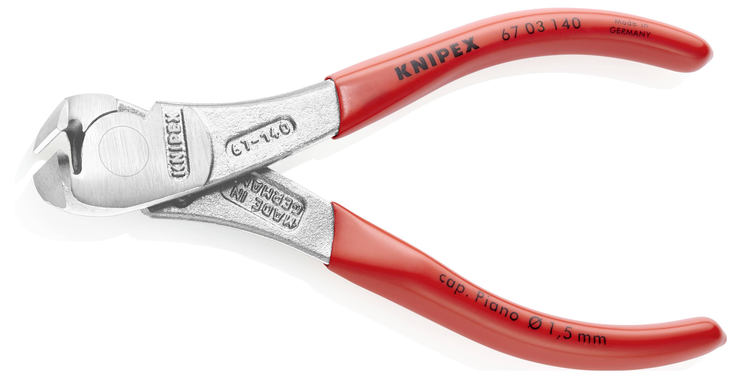 Stříbrné boční štípací kleště s červenými rukojeťmi, vhodné pro řezání tvrdých drátů do 1,5 mm. Označení 'KNIPEX'.