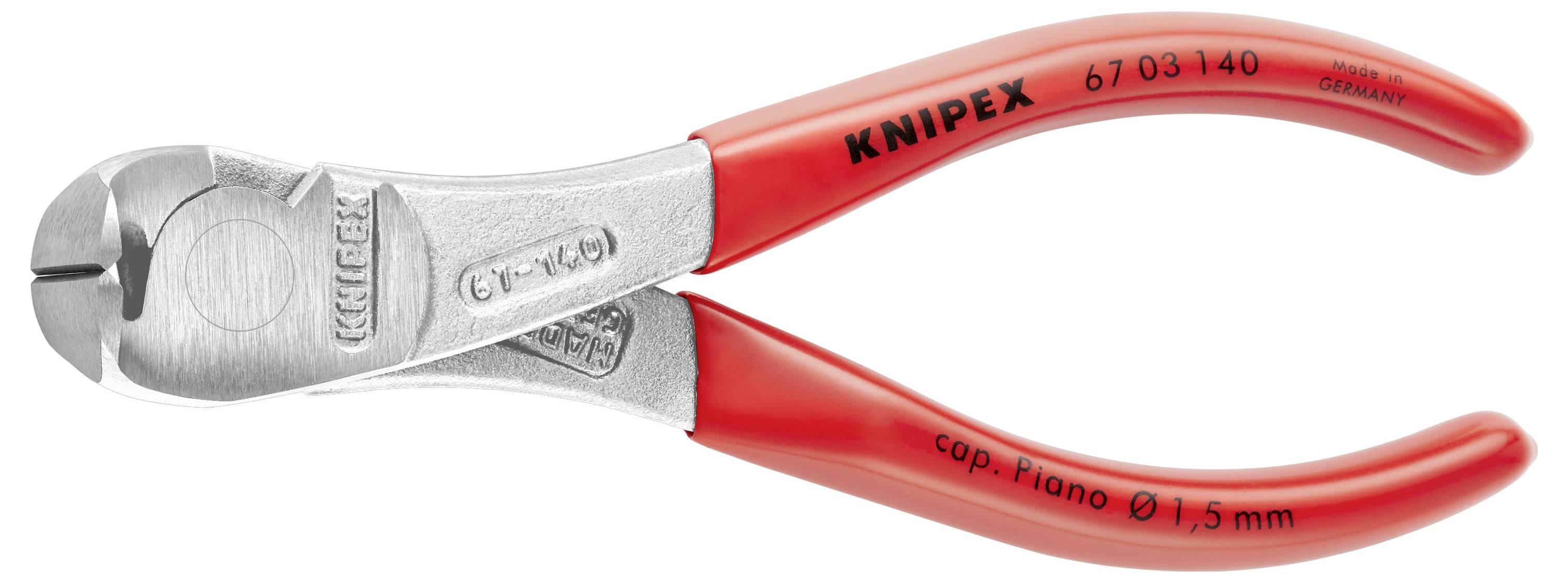 Boční štípací kleště s červenými rukojeťmi, model 'KNIPEX 68/03-140', vhodné pro klavírní drát až do 1,5 mm.