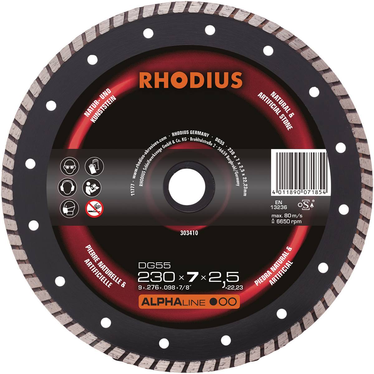 Řezný kotouč 'RHODIUS' DG55, průměr 230 mm, určený pro beton a přírodní kámen. Červený střed s technickými specifikacemi a logy.