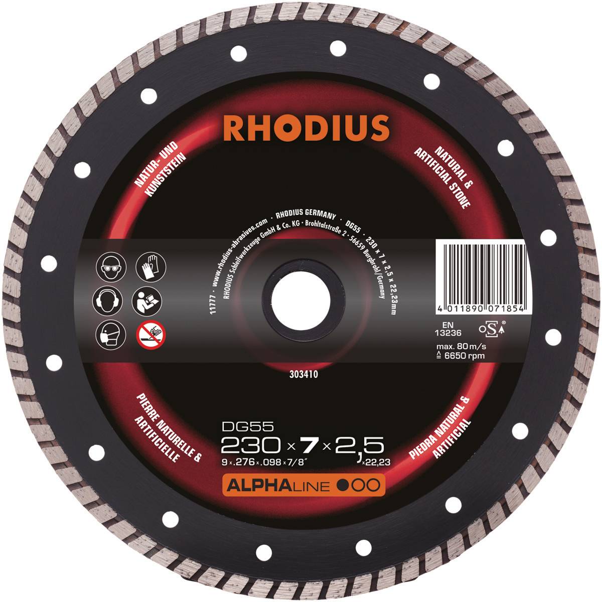 Diamantový řezací kotouč RHODIUS s parametry: průměr 230 mm, tloušťka 2,5 mm, určený pro přírodní a umělý kámen. Maximální otáčky 6.600 ot./min.