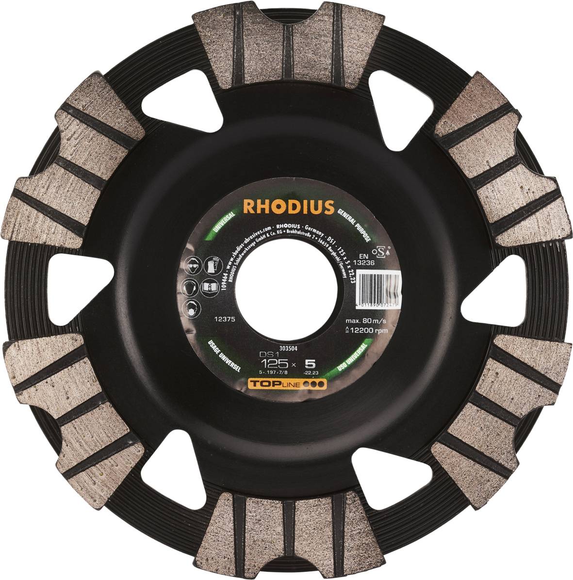 Řezný kotouč na úhlovou brusku značky 'RHODIUS', průměr 125 mm, vhodný pro vysoké otáčky.