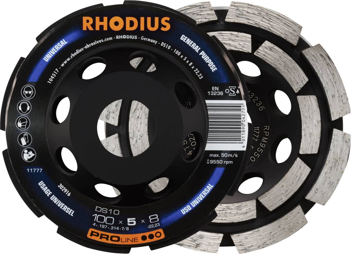 Diamantový řezný kotouč 'Rhodius DS10', černý se stříbrnými segmenty, průměr 100 mm, pro univerzální použití.