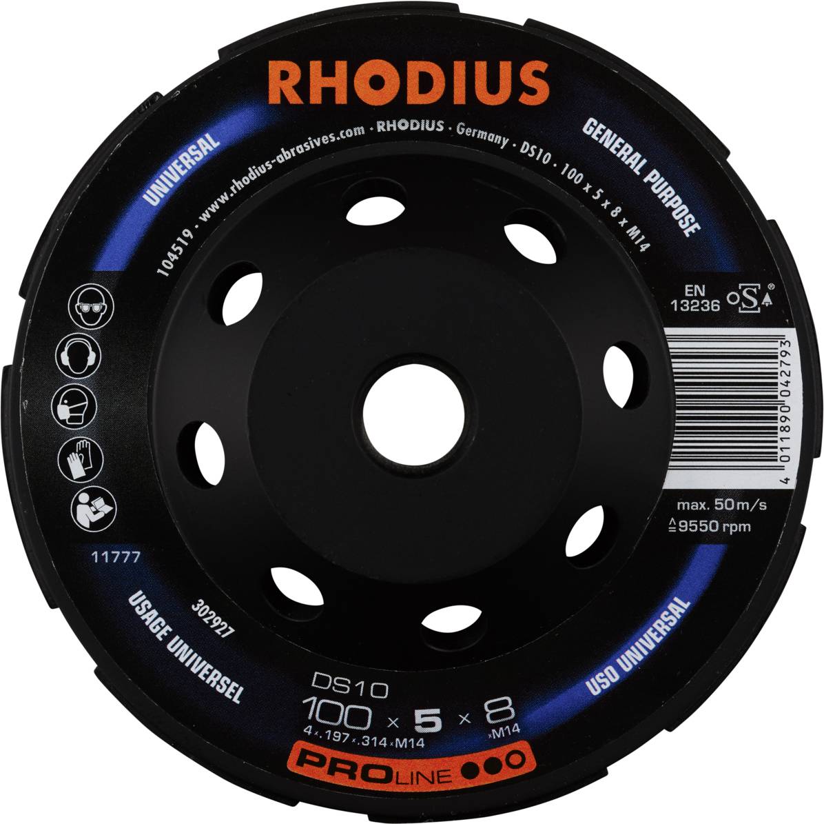Černý přírez Rhodius s nápisem 'Universal' v oranžové barvě. Průměr: 100 mm, max. otáčky: 50 m/s.