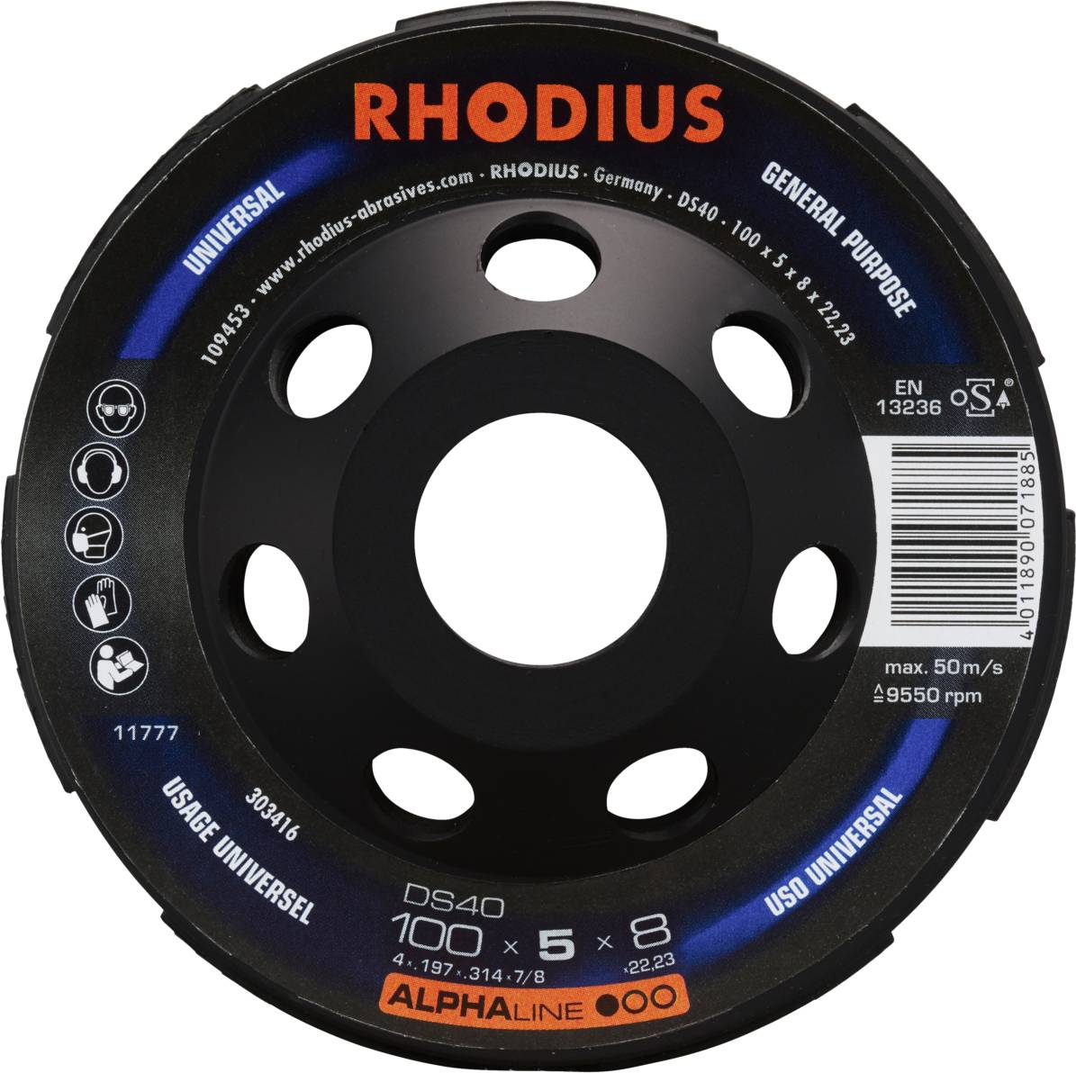 Brusný kotouč 'RHODIUS' pro univerzální použití, model DS40, 100 x 5 x 8 mm. Max. 50 m/s, průměr 55 mm.