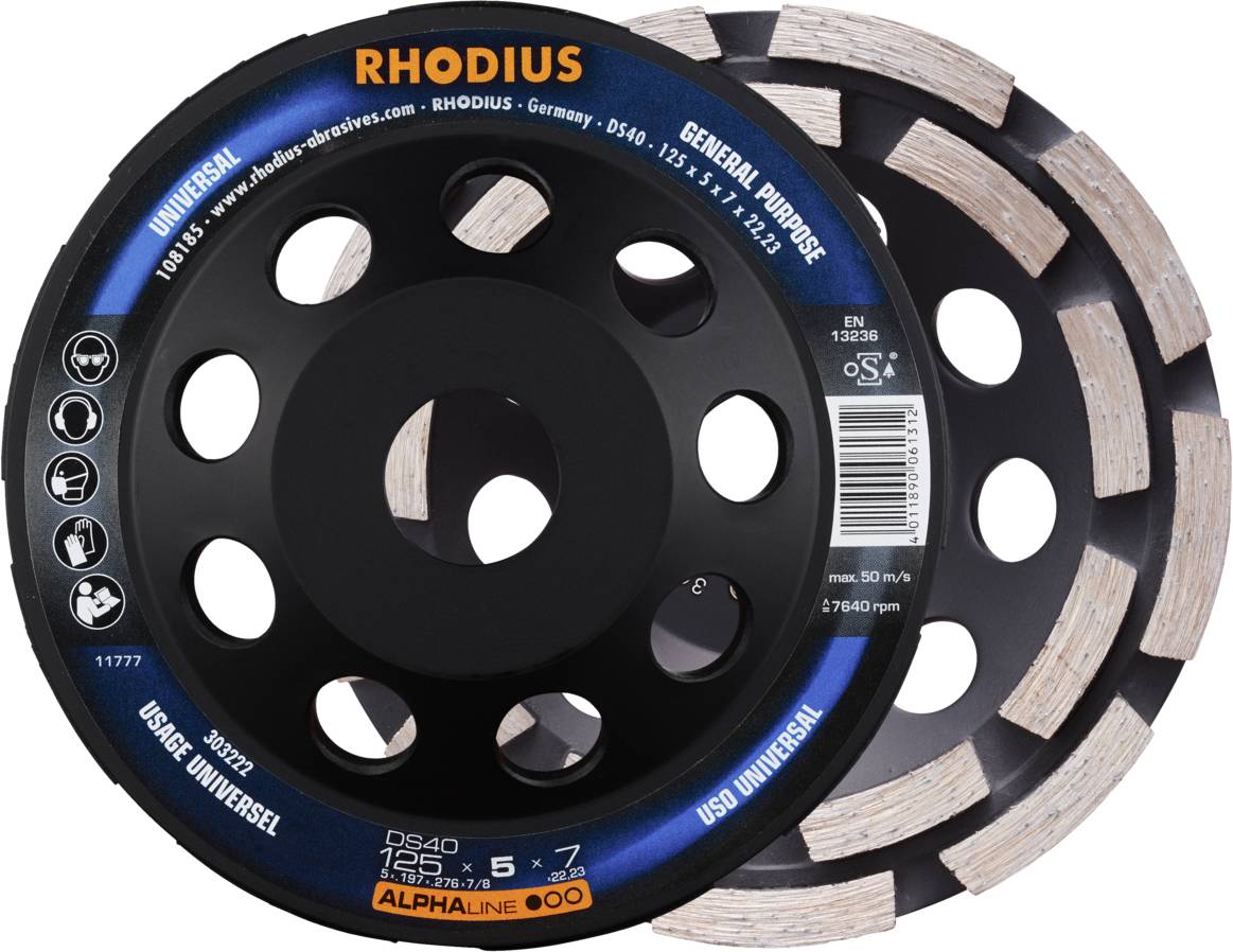 'RHODIUS' diamantové brusné kotouče, model DS40, pro všeobecné použití, průměr 125 mm, maximální otáčky 12.250 ot/min.