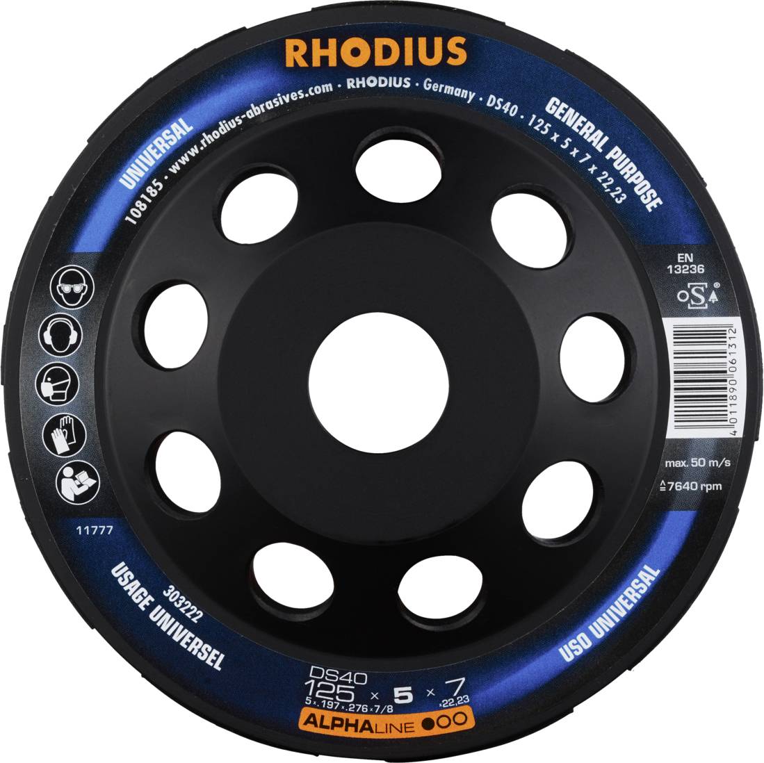 Kotoučový brusný kotouč značky RHODIUS, model DS40. Průměr 125 mm, určený pro univerzální použití, maximální otáčky 12.250 ot/min.