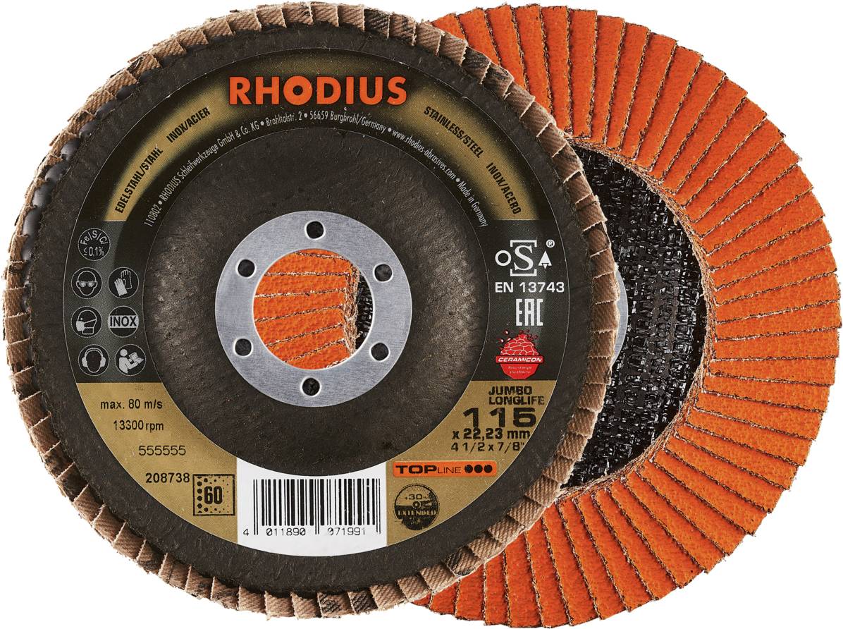 'RHODIUS' brusný kotouč, max. 80 m/s, 125x22,23 mm. Vhodný pro obrábění kovů, se zrnitostí 60 a 13.300 ot./min.
