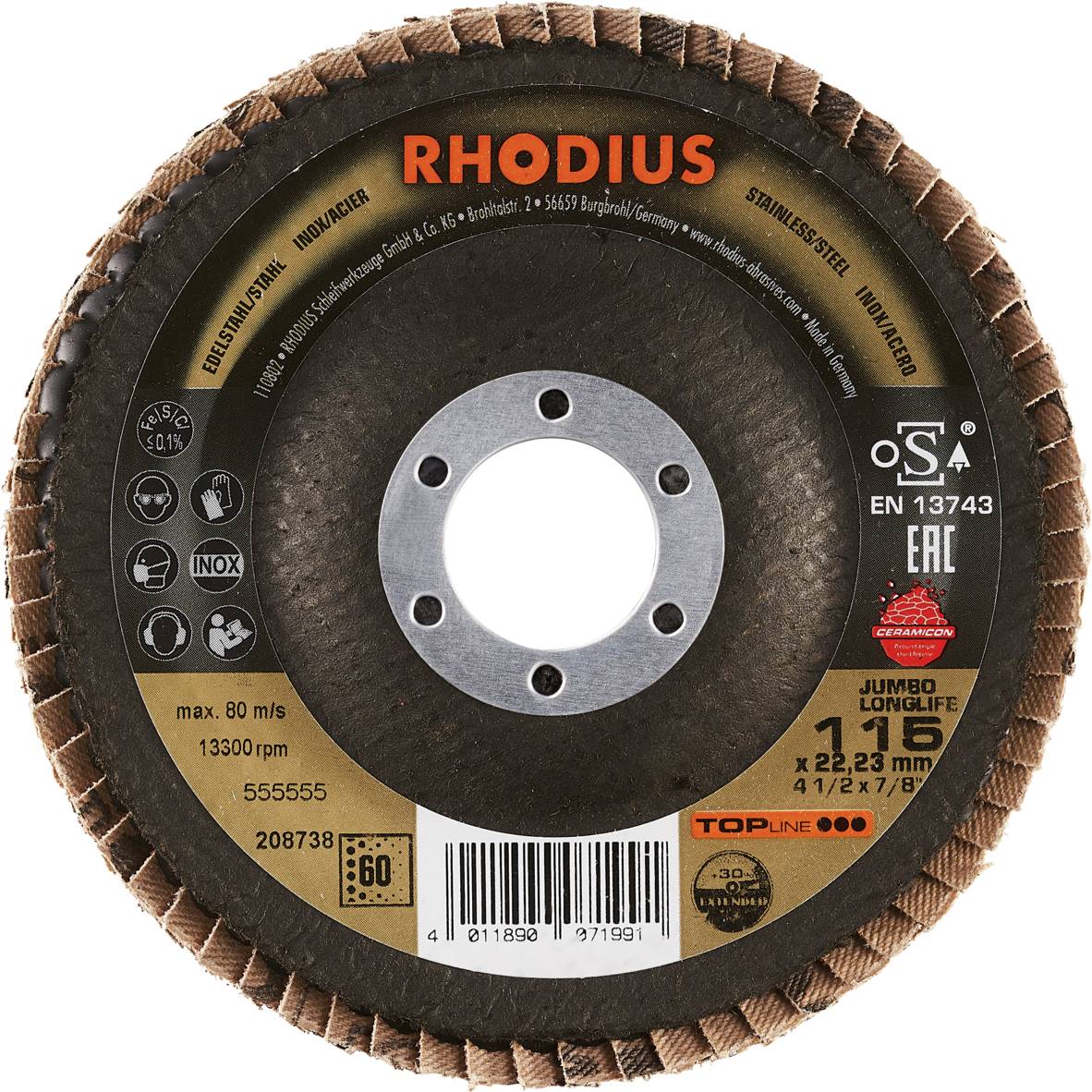 'RHODIUS' brusný kotouč na obrábění kovů, max. 80 m/s, 13300 ot./min, průměr 115 mm, vhodný pro nerezovou ocel a kovy.