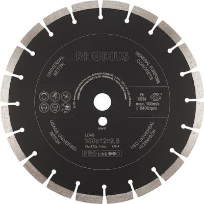 Pilový kotouč s nápisem 'RHODIUS', ideální pro beton, průměr 300 mm, maximální rychlost 100 m/s, 6400 ot./min, univerzálně použitelný.