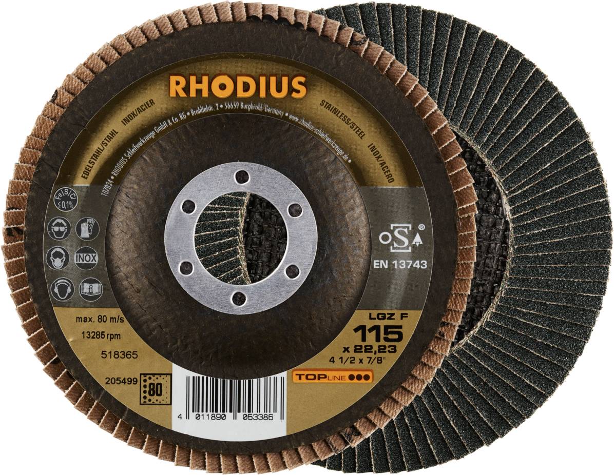 Brusný kotouč s nápisem 'RHODIUS'. Specifikace: max. 80 m/s, 13286 ot./min, 115 x 22,23 mm. Vhodný pro obrábění kovů.