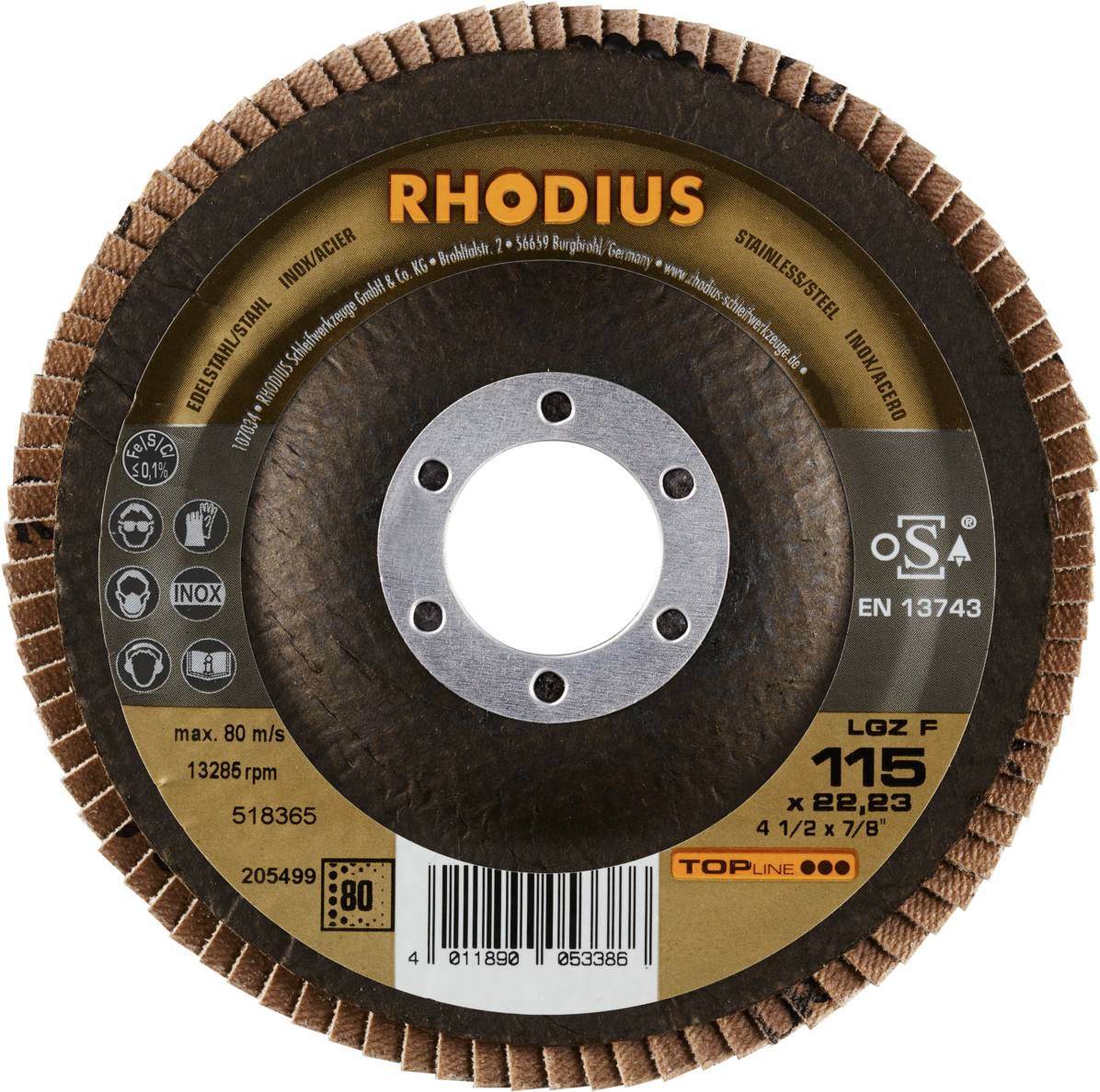 Brusný kotouč s nápisem 'RHODIUS', vhodný pro nerezovou ocel, max. 80 m/s, 13285 ot./min, 115 x 22,23 mm.