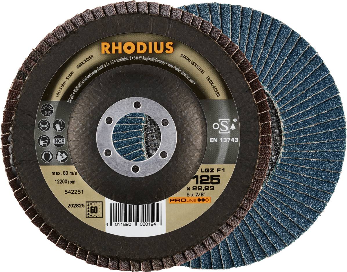 'RHODIUS' brusný kotouč, modelové číslo LGZ F1, max. 12 200 ot./min, vhodný pro kov, s modrými lamelami a hnědým vnitřním kruhem.