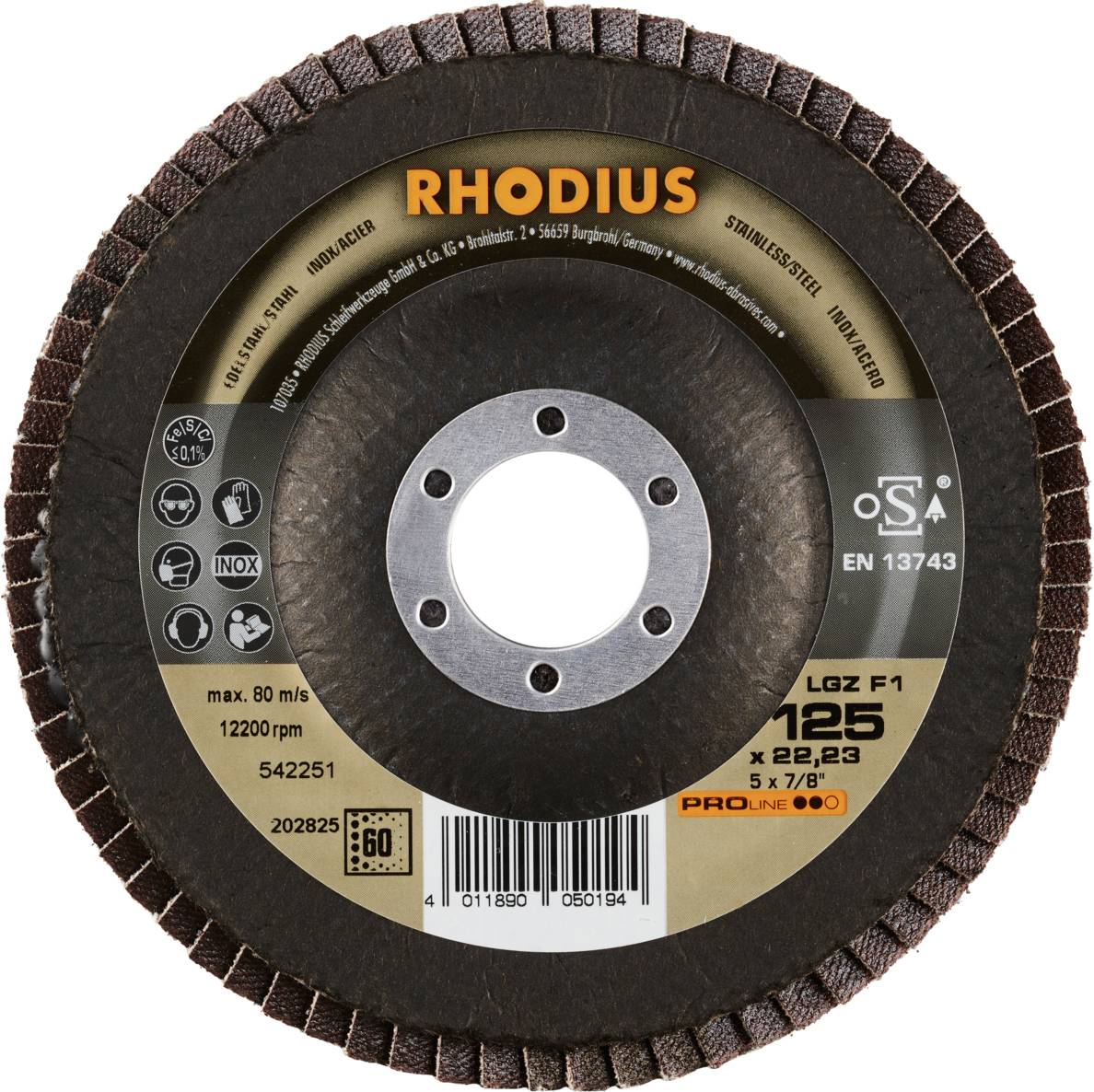 Brusný kotouč od RHODIUS, model LGZ F1, velikost 125 x 22,23 mm, vhodný pro maximální rychlost 80 m/s, určený pro ocelové a nerezové aplikace.