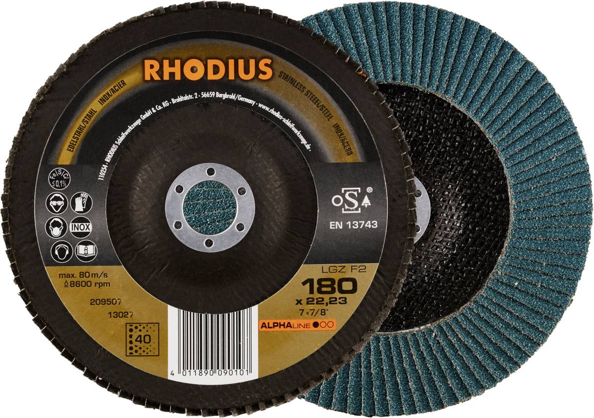 'RHODIUS' brusné kotouče s produktovými a bezpečnostními informacemi. Průměr 180 mm, vhodné pro obrábění kovů.