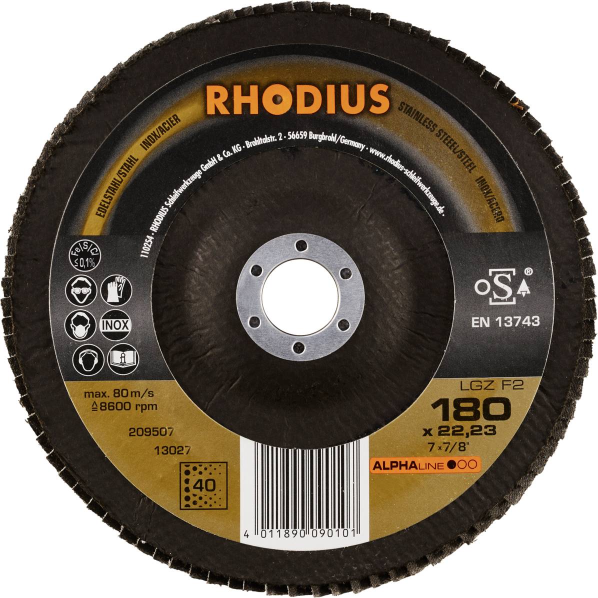 Řezný kotouč značky Rhodius, průměr 180 mm, vhodný pro nerezovou ocel, s údaji o otáčkách a informacemi o výrobci.