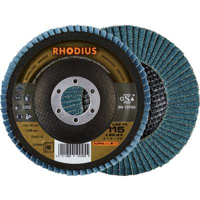 Brusný kotouč s nápisem 'RHODIUS', vhodný pro obrábění kovů. Specifikace: průměr 115 mm, max. 80 m/s.