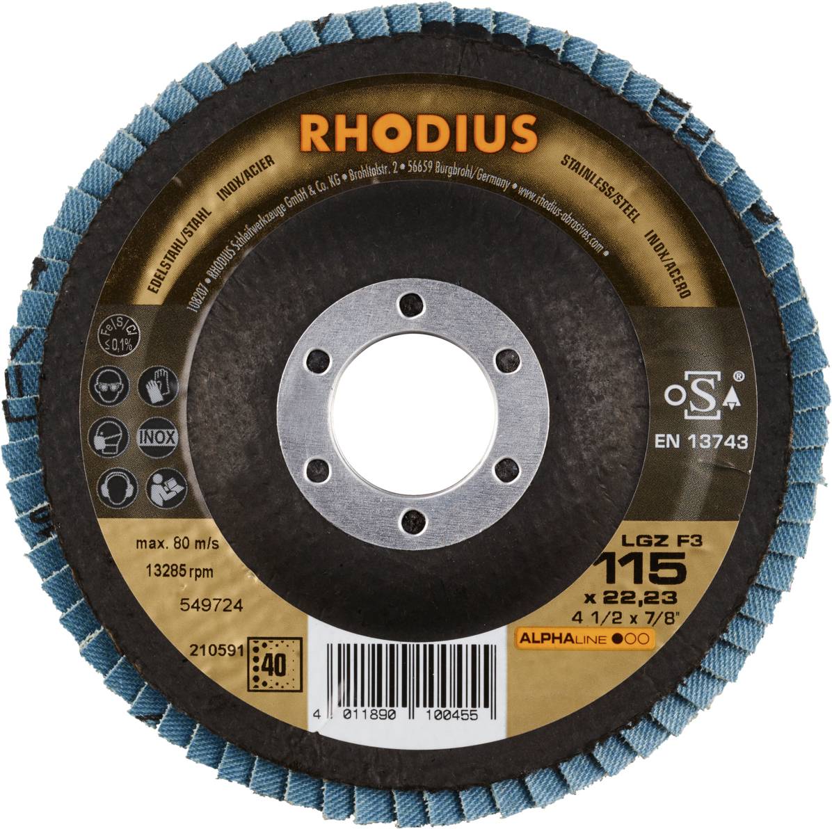 Brusný kotouč značky 'RHODIUS', model LGZ F3, průměr 115 mm, maximální rychlost 80 m/s, 13 285 otáček/min, vhodný pro nerezovou ocel.