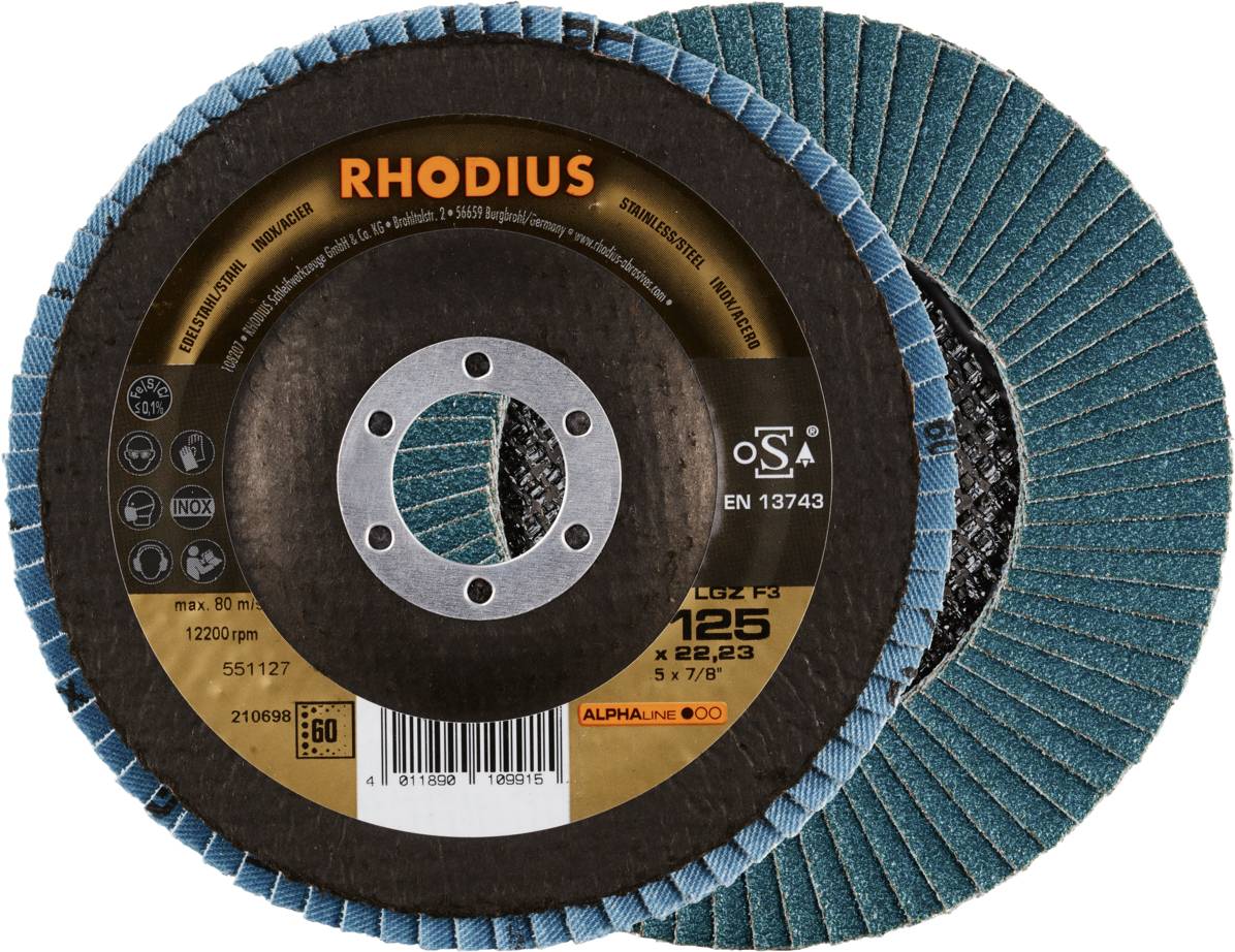 'RHODIUS' brusné kotouče, průměr 125 mm, tyrkysový brousicí povrch, otvor uprostřed pro upevnění do stroje.