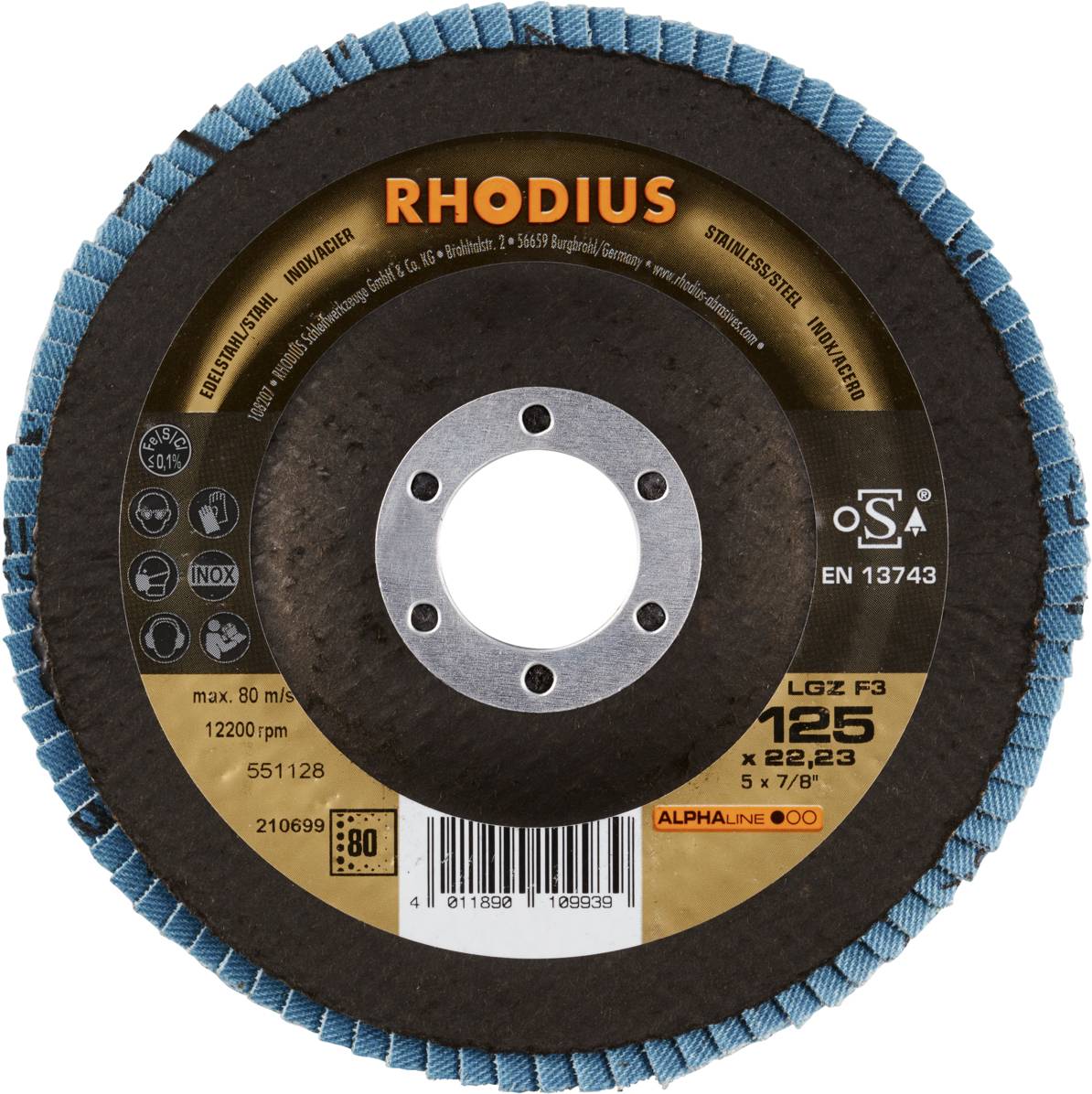 Brusný kotouč s nápisem 'RHODIUS', průměr 125 mm, max. 80 m/s. Vhodný pro nerezovou ocel a legovanou ocel.