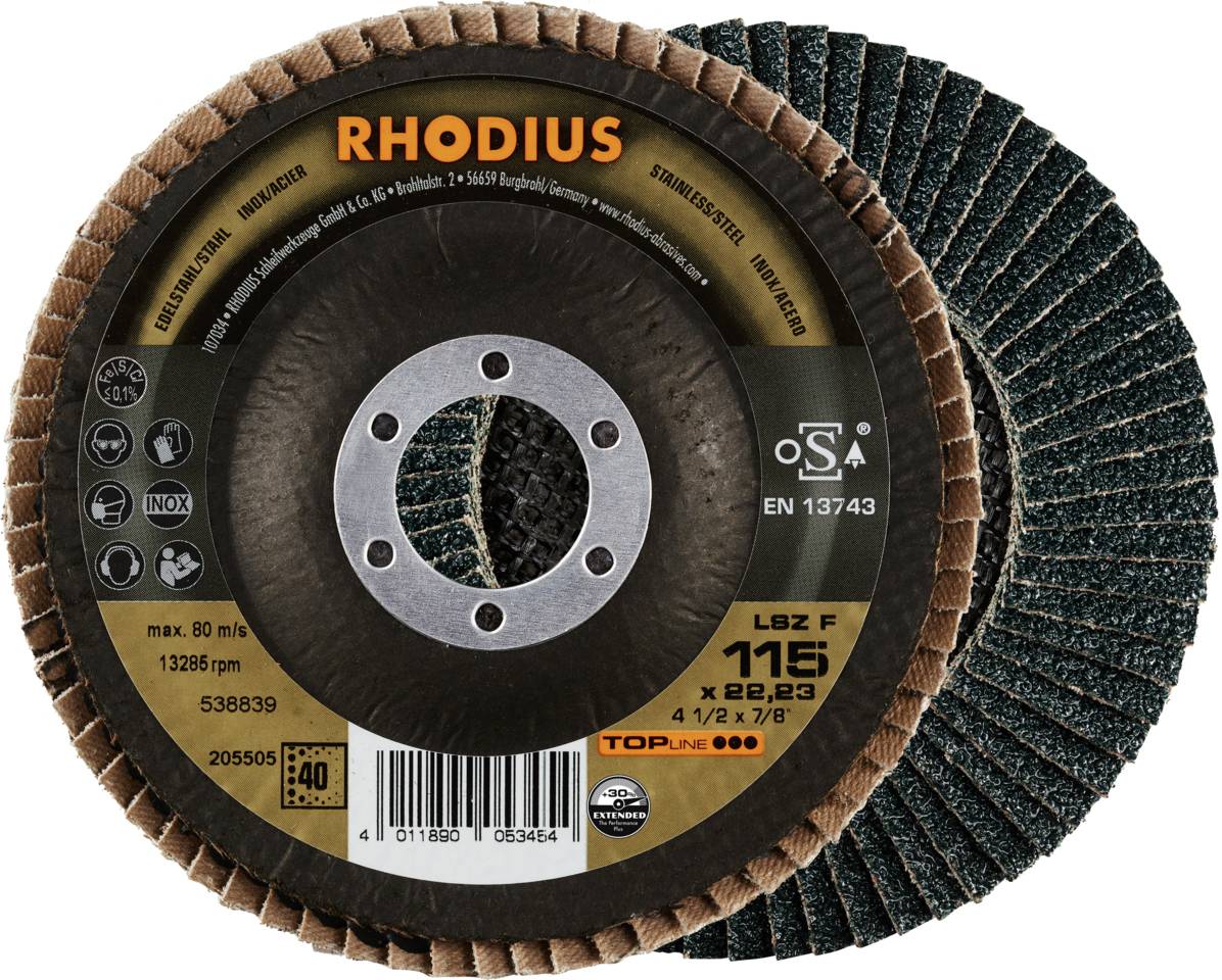 'RHODIUS' brusné kotouče pro úhlové brusky, model LSZ F 115 x 22,23 mm, vhodné pro obrábění kovů, max. 80 m/s, 13.286 ot./min.