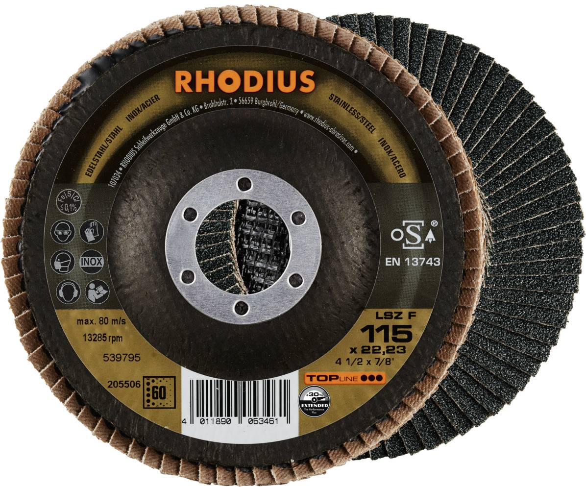 Lamelový brusný kotouč 'RHODIUS' s rozměry 115 x 22,23 mm, vhodný pro ocel a nerezovou ocel, doporučený až do 80 m/s, typ LSZ F.