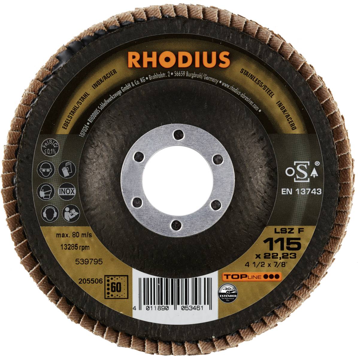Brusný kotouč značky 'Rhodius', model LSZ F 115, z ušlechtilé oceli, s maximální rychlostí 80 m/s a 13.285 otáčkami za minutu.