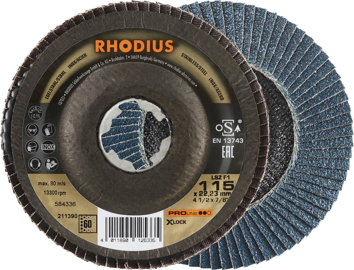 Dvě brusné kotouče od Rhodius: Jedna ukazuje přední stranu s produktovými detaily, druhá zrnitost a strukturu.
