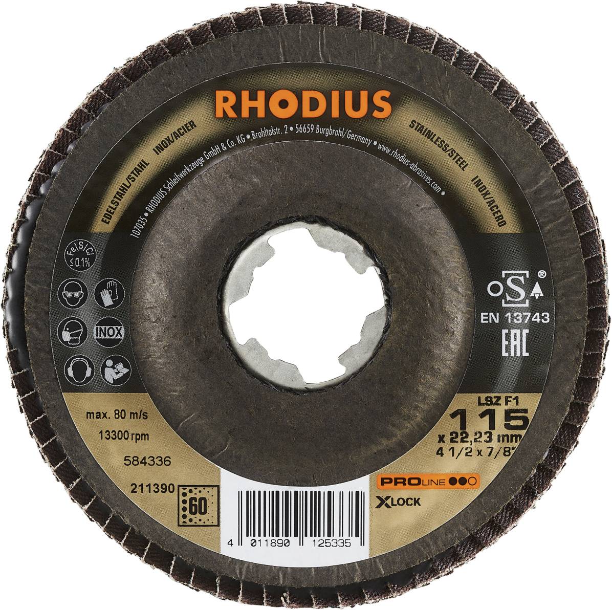 'RHODIUS' brusný kotouč na nerezovou ocel, maximální rychlost 80 m/s, průměr 4 1/2 palce, kompatibilní s X-Lock.