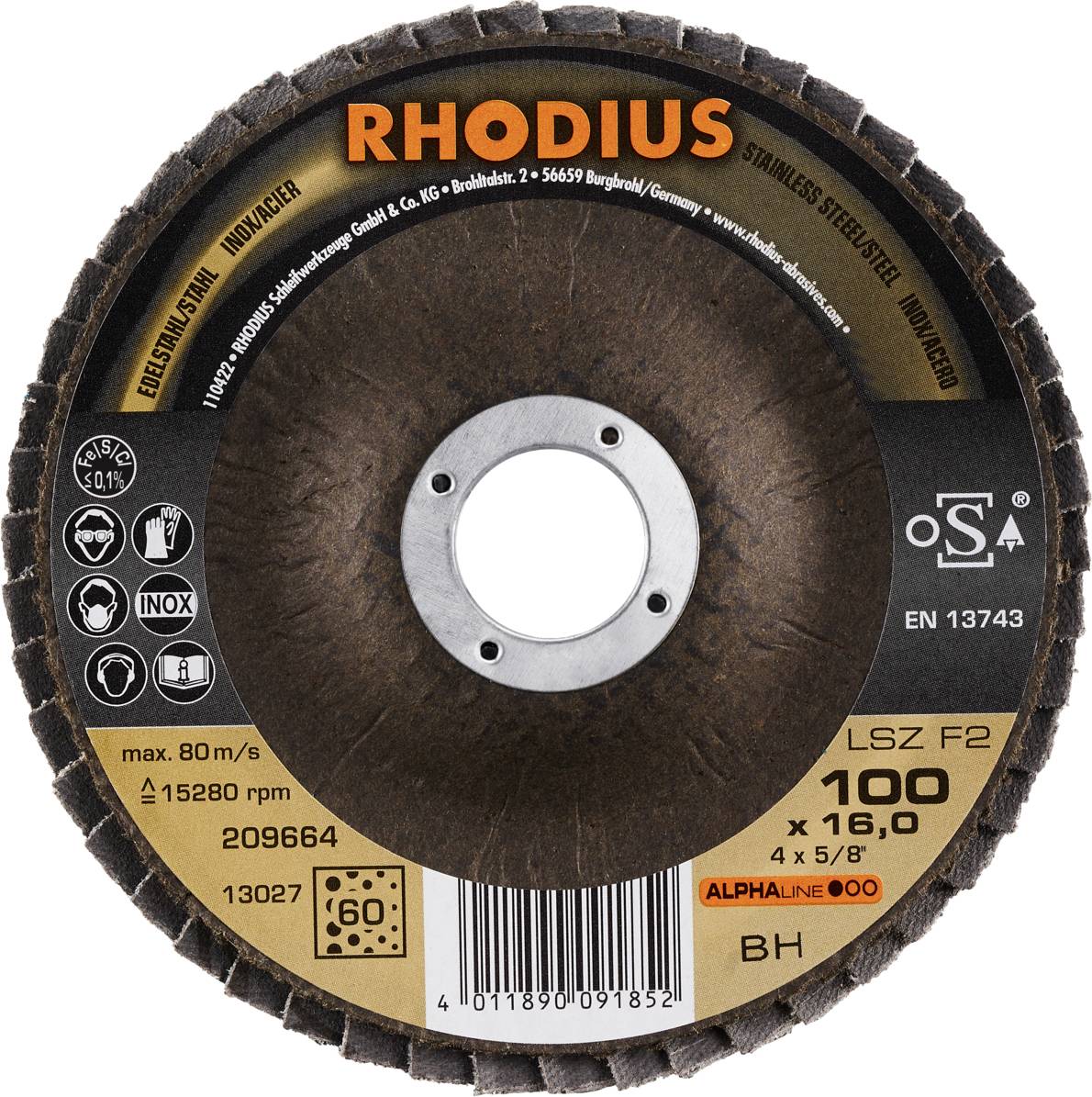 Brusný kotouč Rhodius, model LSZ F2. Vhodný pro nerezovou ocel a ocel, průměr 100 mm, maximální rychlost 80 m/s.