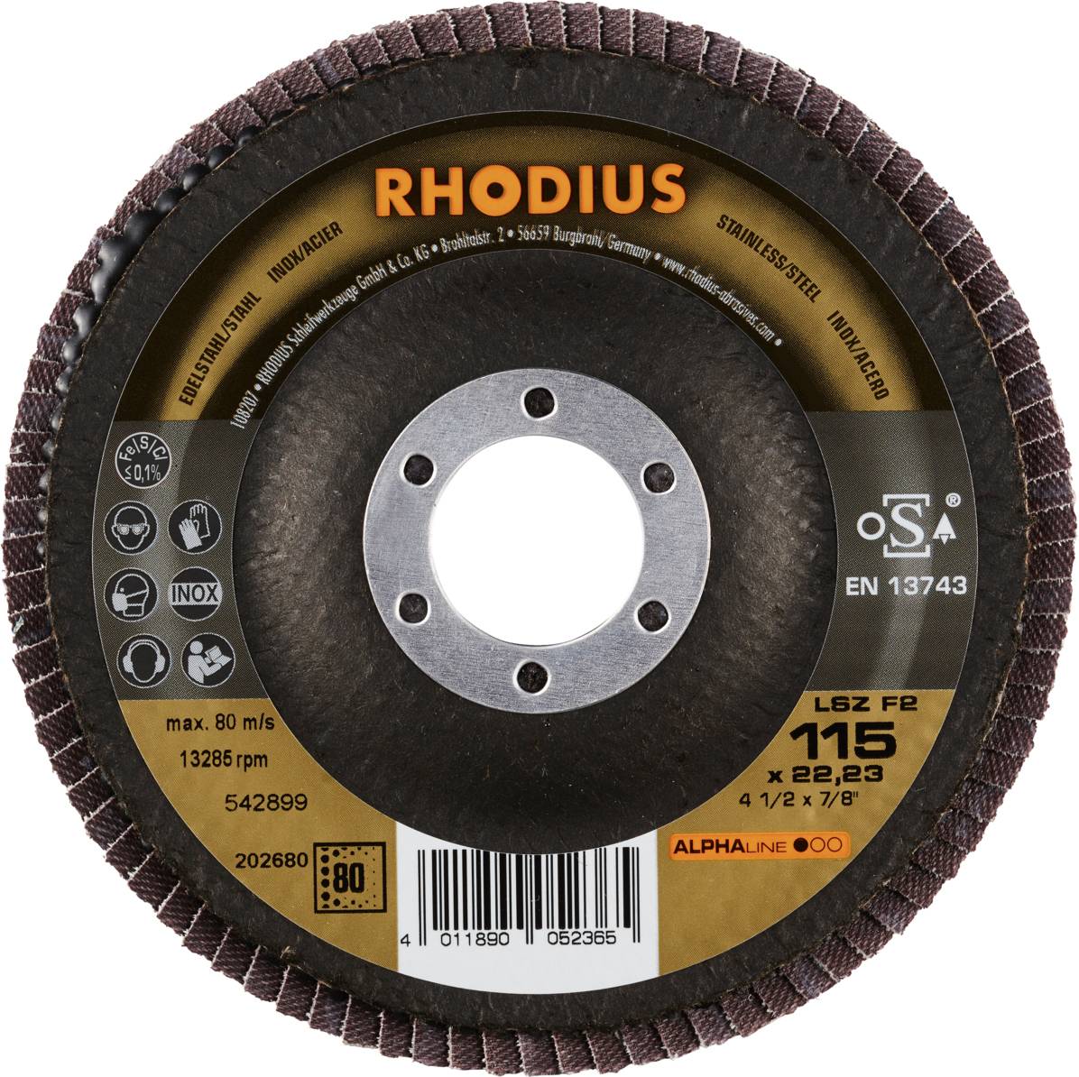 Lamelový brusný kotouč od Rhodius pro nerezovou ocel, průměr 115 mm, s maximální rychlostí 80 m/s, vhodný pro INOX.