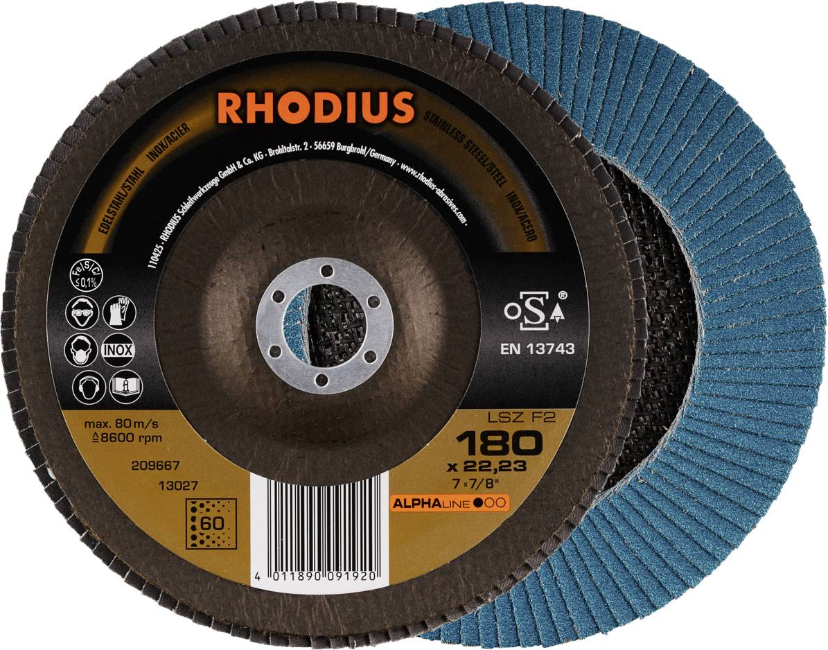 Brusný kotouč 'RHODIUS', modelové číslo LSZ F2, průměr 180 mm, určený pro broušení kovů, maximální rychlost 80 m/s.