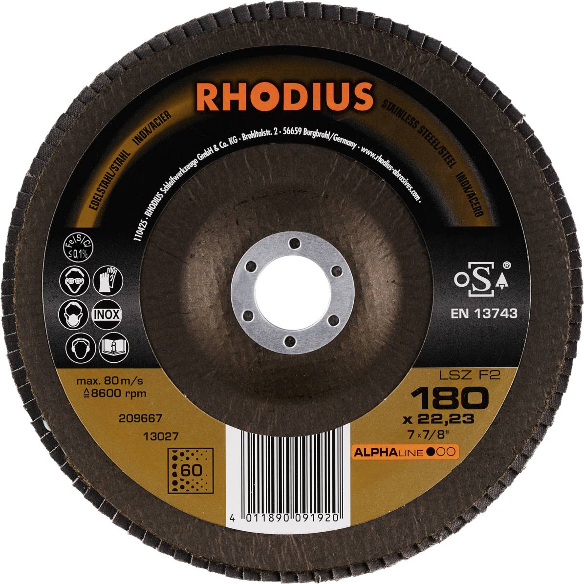 'RHODIUS' brusný kotouč, model LSZ F2, průměr 180 mm, max. 80 m/s, 8600 ot./min, specifický pro nerezovou ocel (Inox) a kov.