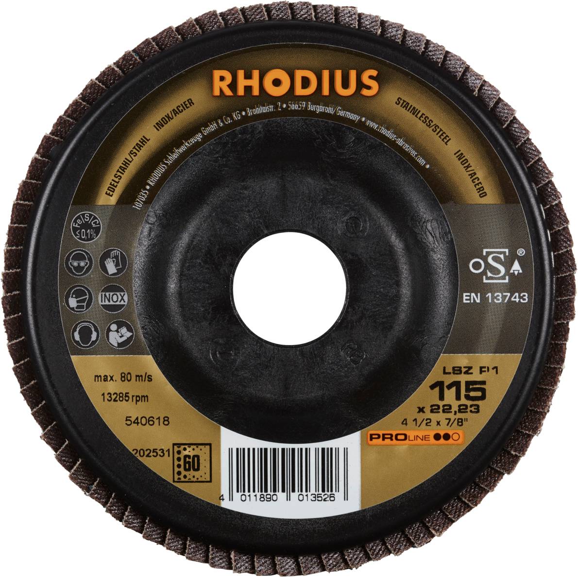 Řezací kotouč 'RHODIUS', průměr 115 mm, maximální otáčky 13.285 ot./min, vhodný pro ocel, s bezpečnostními označeními.