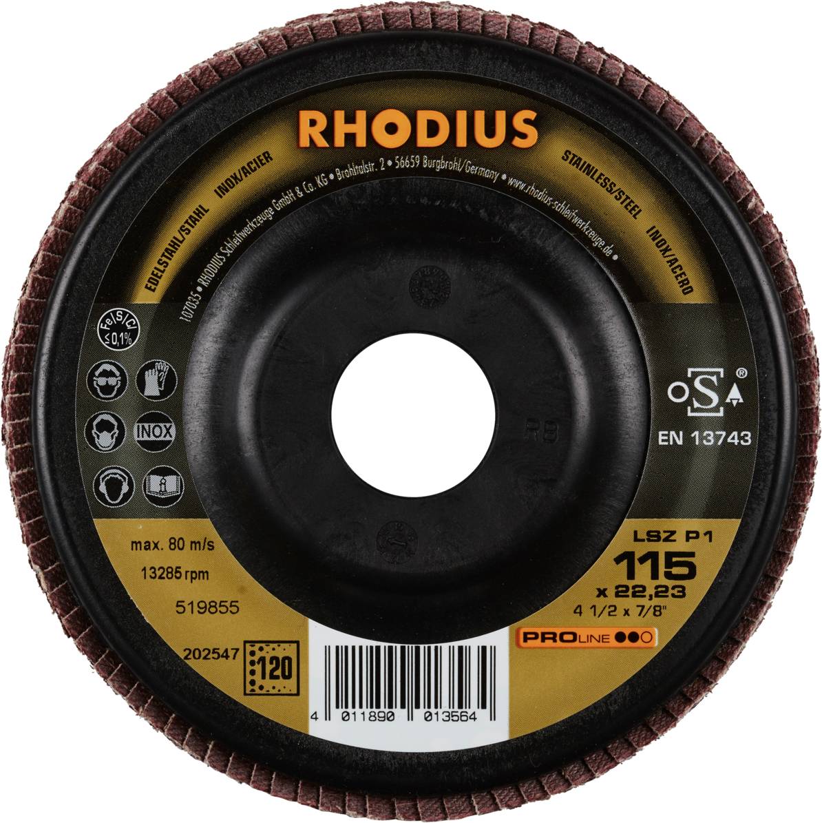 Brusný kotouč značky 'RHODIUS', vhodný pro nerezovou ocel. Max. 80 m/s, 13286 ot./min. Rozměr: 115 x 22,23 mm.