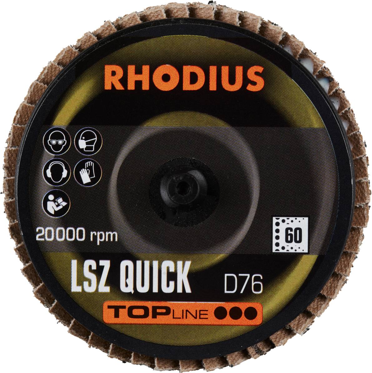 'RHODIUS LSZ QUICK D76' brusný kotouč, max. 20 000 ot./min, s ochrannými symboly.