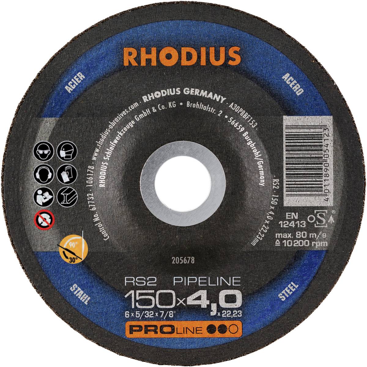 Brusný kotouč s nápisem 'RHODIUS RS2 PIPELINE 150x4,0 mm'. Vhodný pro opracování oceli. Maximální otáčky 10.200 ot./min.