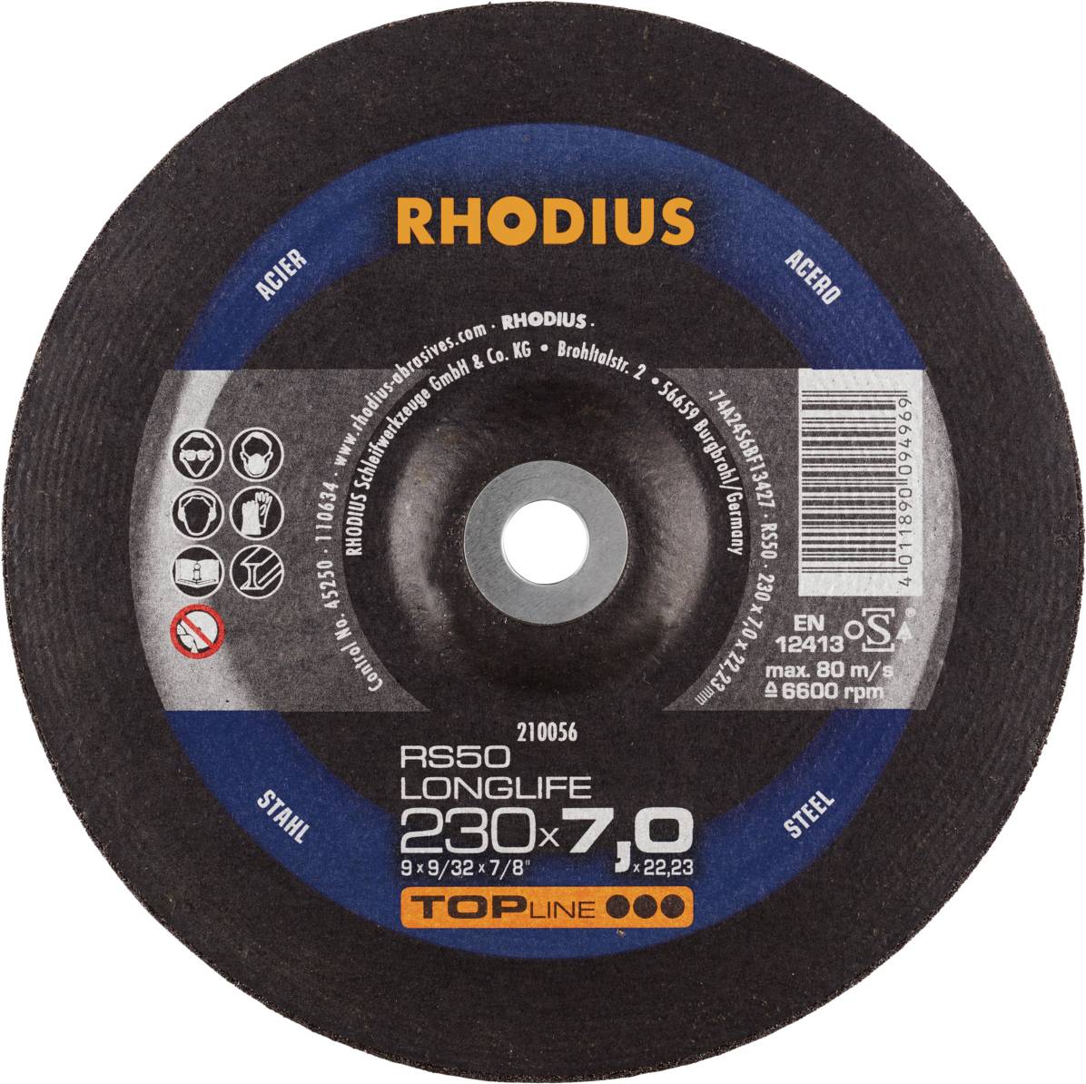 Brusný kotouč s nápisem: RHODIUS, RS50 LONGLIFE 230 x 7,0, vhodný pro obrábění oceli, max. 80 m/s, 6600 ot./min.