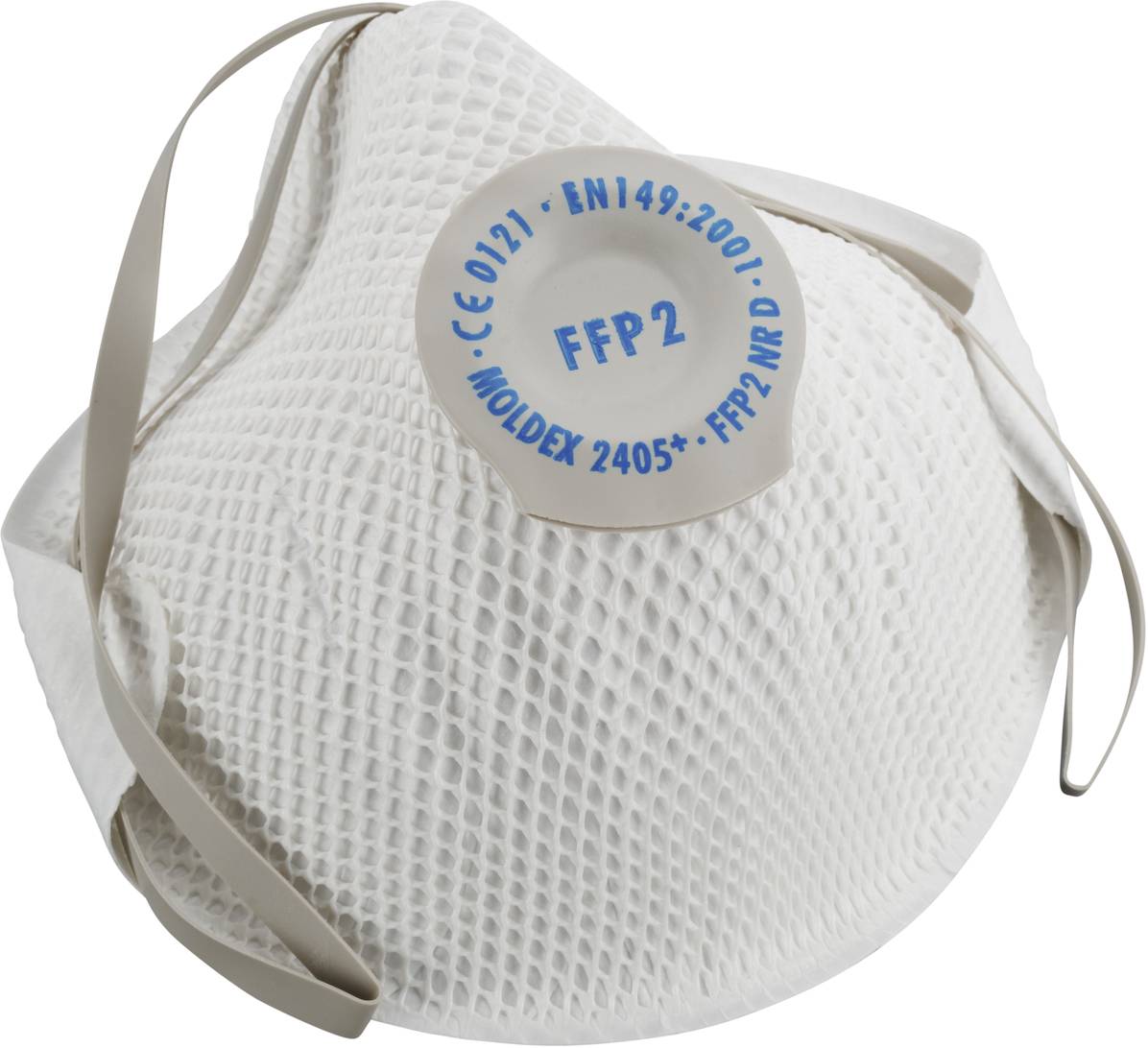 Bílý respirátor FFP2 se šňůrkami a ventilem uprostřed, s nápisem "FFP2". Chrání před částicemi a používá se ve zdravotnických zařízeních.