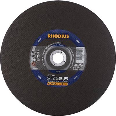 Brusný kotouč značky Rhodius, model ST34, o průměru 350 mm a tloušťce 2,5 mm, určený pro řezání kovu.