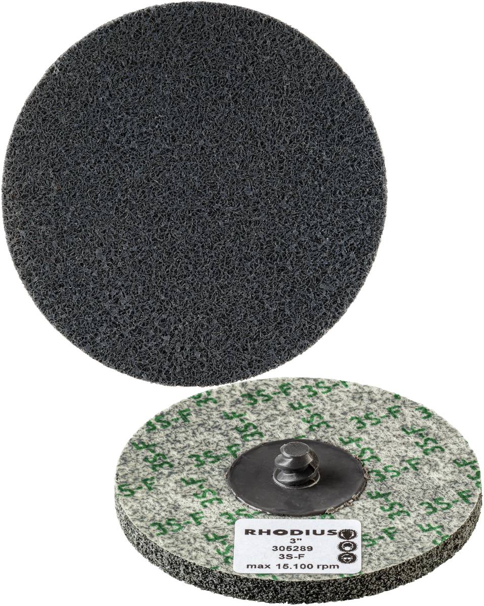 Brusný kotouč z černošedého materiálu; zadní strana zobrazuje logo 'RHODIUS' a technické údaje. Vhodný pro max. 16 100 ot./min.