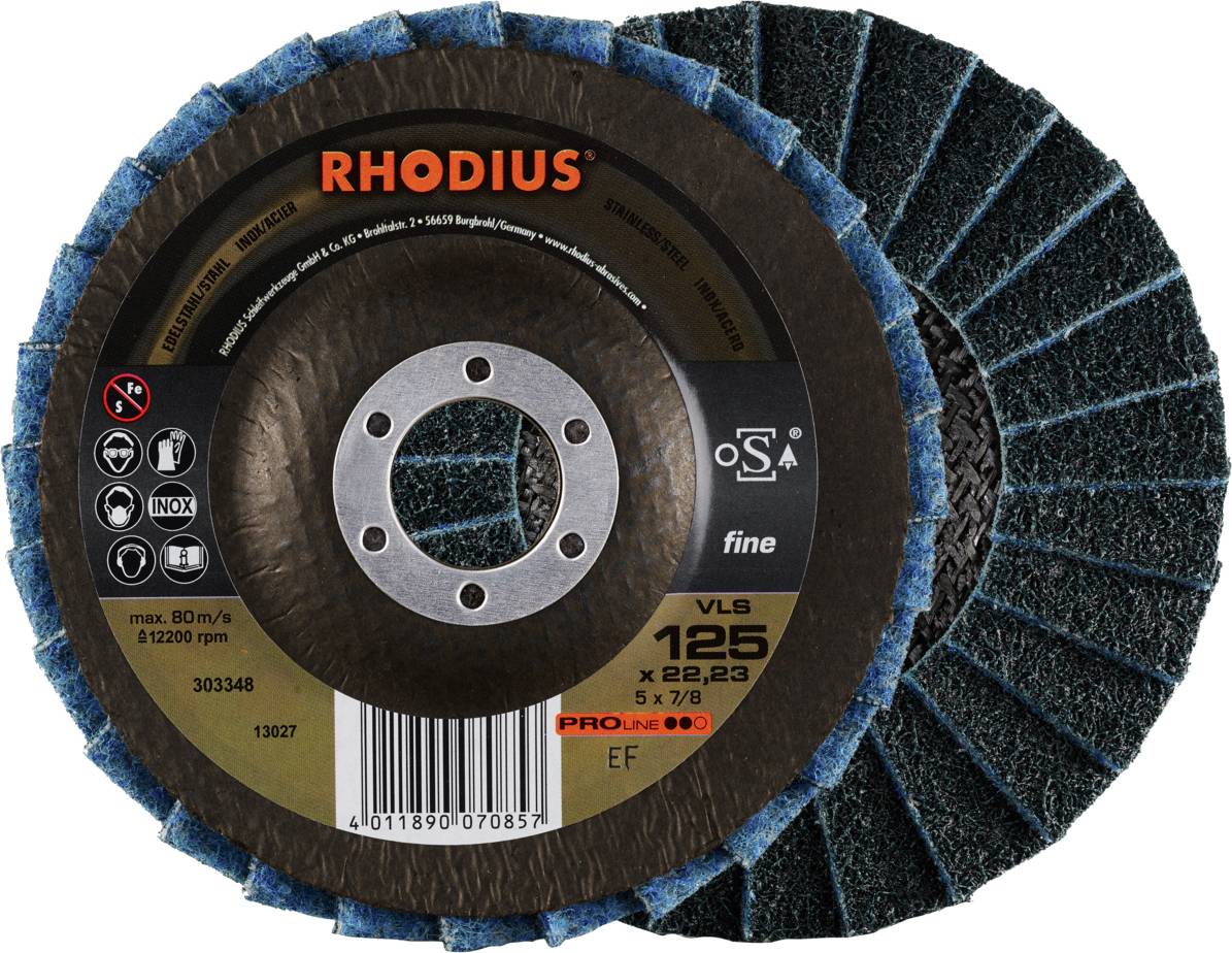 Řezný kotouč RHODIUS VLS 125 mm, upnutí 22,23 mm, pro obrábění kovů; max. 80 m/s a 12.200 ot./min; jemné zrno.