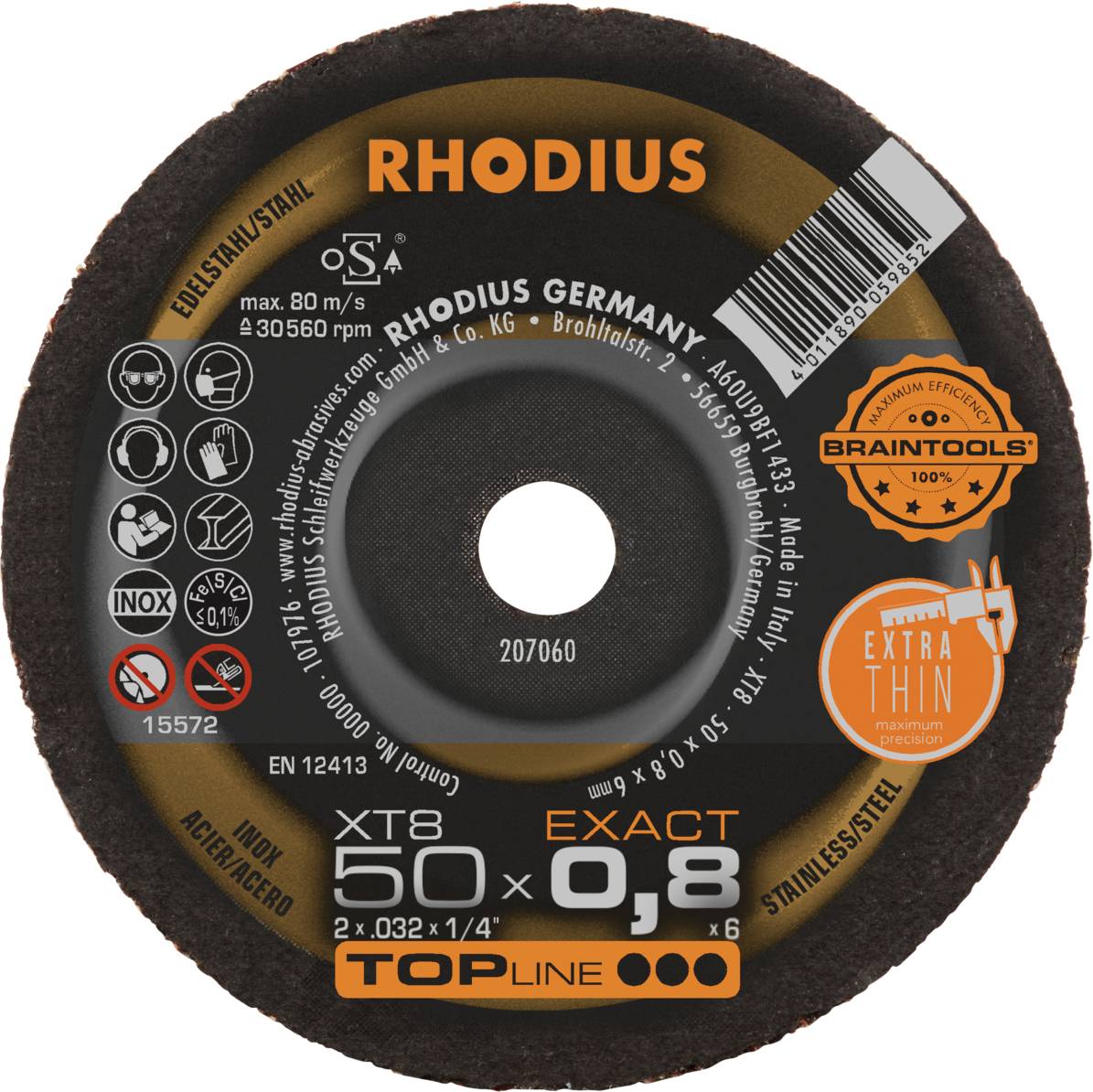 Kulatý řezný kotouč značky Rhodius o průměru 50 mm a tloušťce 0,8 mm, vhodný pro nerezovou ocel, s bezpečnostními a identifikačními logem.