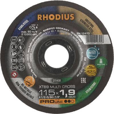 'RHODIUS XT69 MULTI CROSS' Řezný kotouč pro různé materiály, 115x1,9 mm, s bezpečnostními certifikáty a technickými detaily.