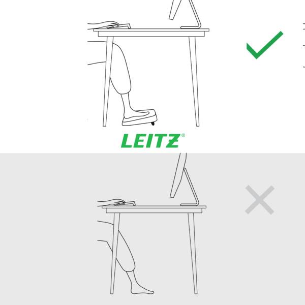 Nahoře: Osoba u psacího stolu se správným ergonomickým seděním, zelená fajfka. Dole: špatná pozice s červeným křížkem.