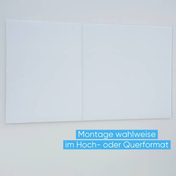 Obdélníkový bílý panel na zdi. Pod ním text: 'Montáž volitelně na výšku nebo na šířku'.