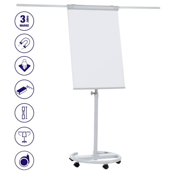 Mobilní flipchart se speciálním rámem pro upevnění papíru. Symboly pro záruku, magnetickou funkci, nastavení výšky, popisovač na whiteboard a držák bloku na straně.
