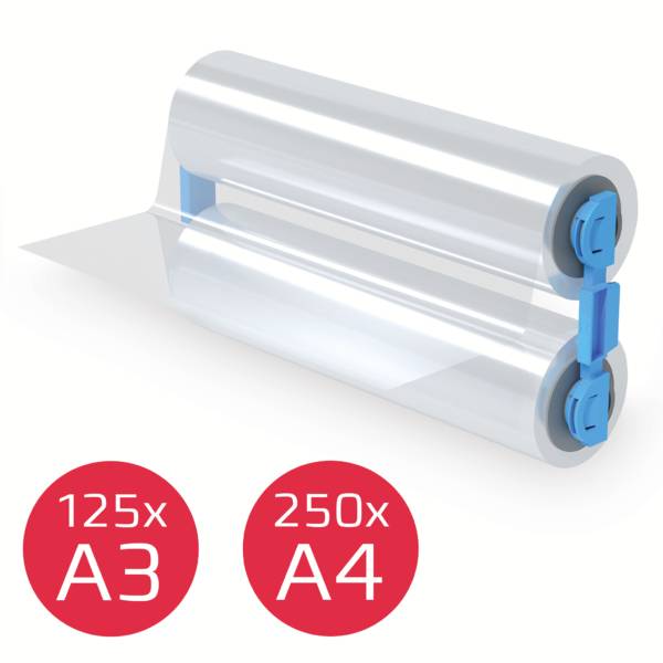 Role laminovací fólie v průhledné variantě s rozměry 125x A3 a 250x A4 pro laminovací stroje.