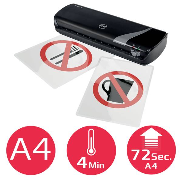 Černý laminátor se dvěma zalaminovanými dokumenty zobrazuje symboly 'Zákaz jídla' a 'Zákaz pití'. Text: A4, 4 min, 72 sec.