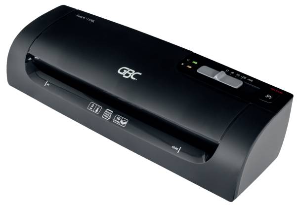 Černý laminátor od GBC s ovládacími prvky a displejem na horní straně; vhodný pro utěsnění dokumentů.